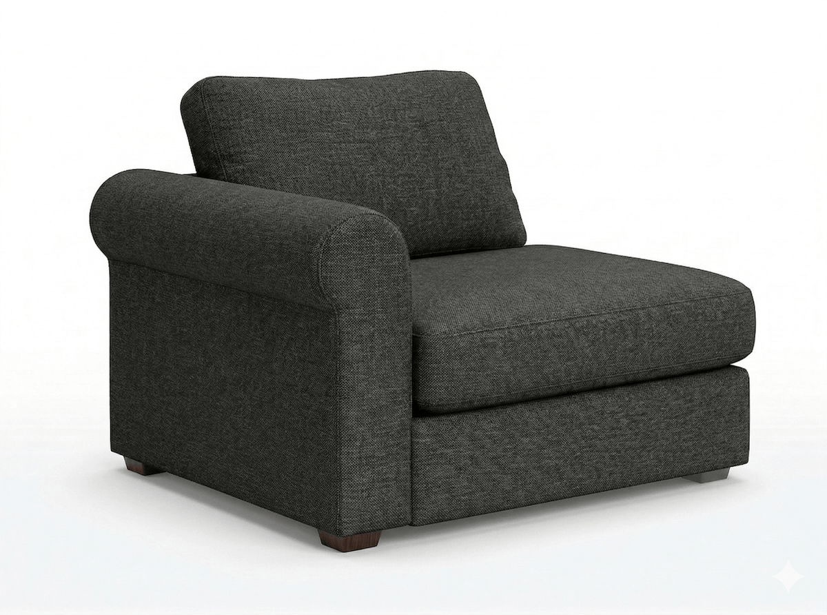 Alloy gray modular sectional end track with rolled arm on a white background.