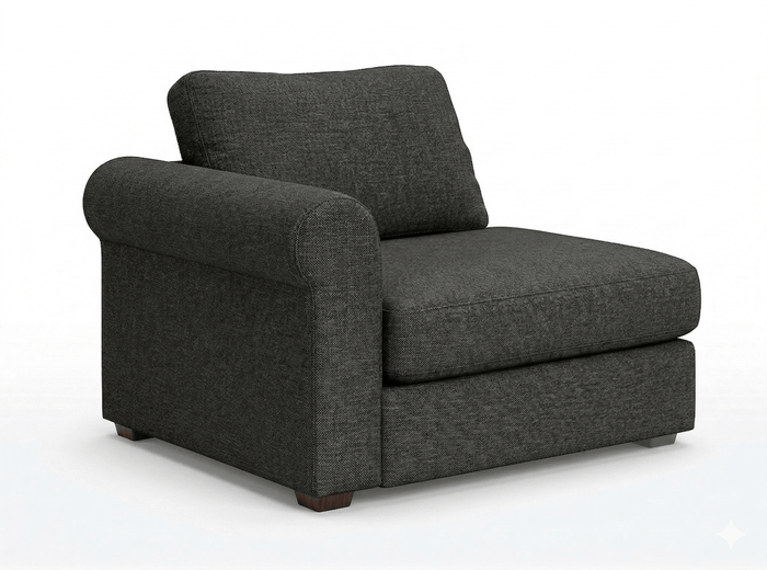 Alloy gray modular sectional end track with rolled arm on a white background.