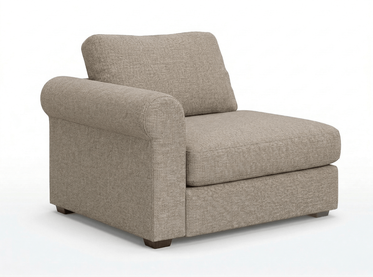 Fawn modular sectional end track with rolled arm on a white background.