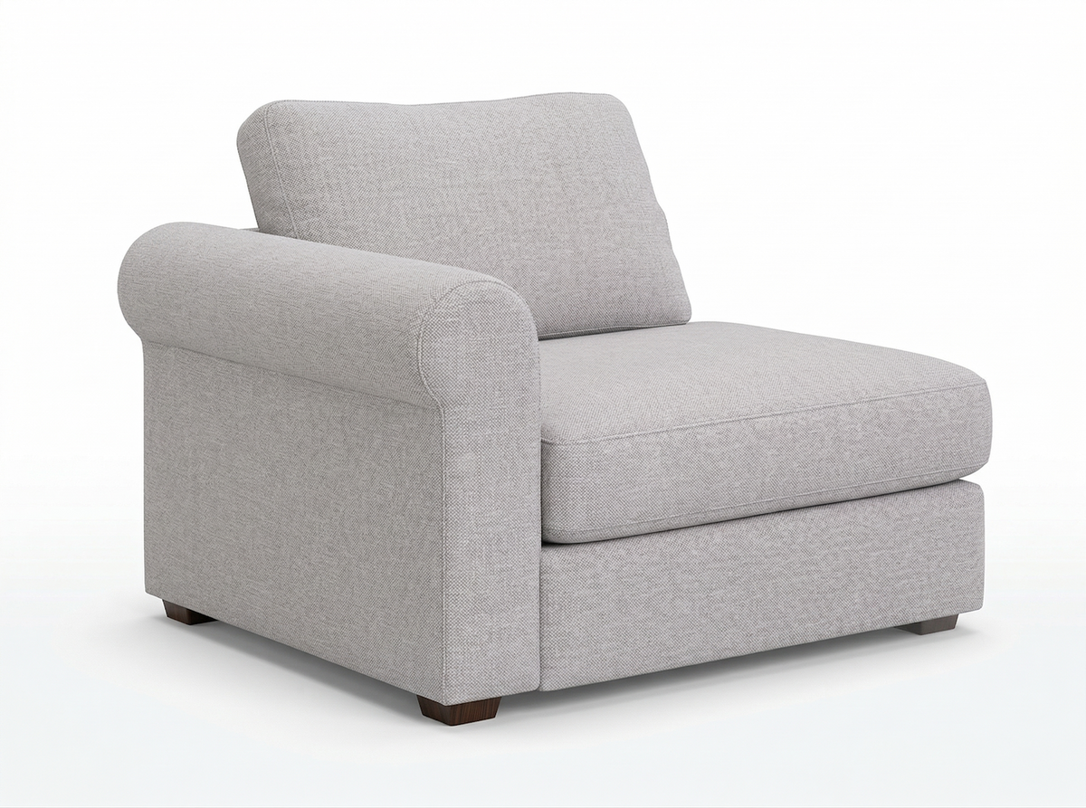Tofu gray modular sectional end track with rolled arm on a white background.