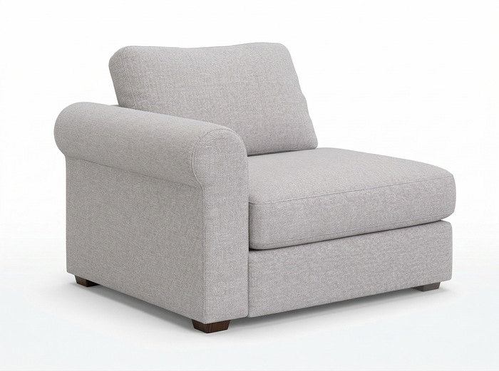 Tofu gray modular sectional end track with rolled arm on a white background.