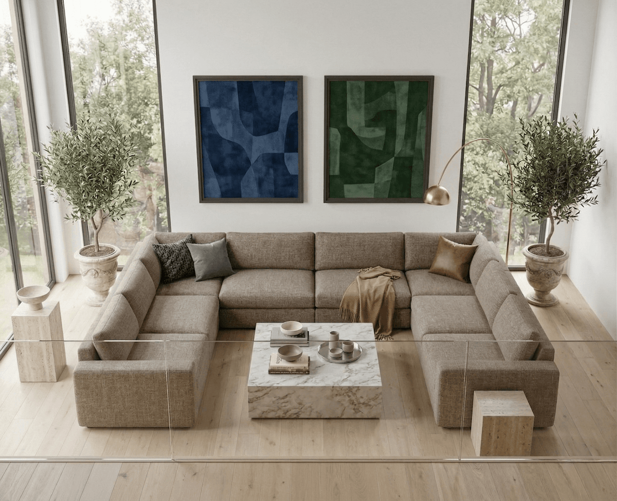 8-piece modular sectional in fawn color variant.